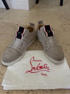 Christian Louboutin Men’s Beige Suede Studded Slip-Ons with Tricolor Tongue